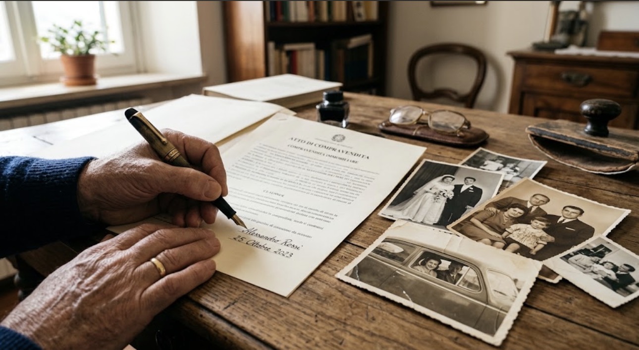 Firma di documenti su una scrivania in legno, accanto a vecchie foto di famiglia
